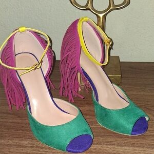 Colorful Fringe Peep-Toe Heels